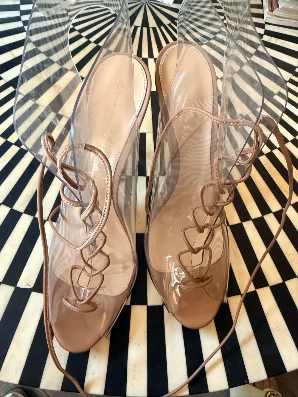 Gianvito Rossi Helmut Plexi 100 Clear PVC Nude Lace Up Heels